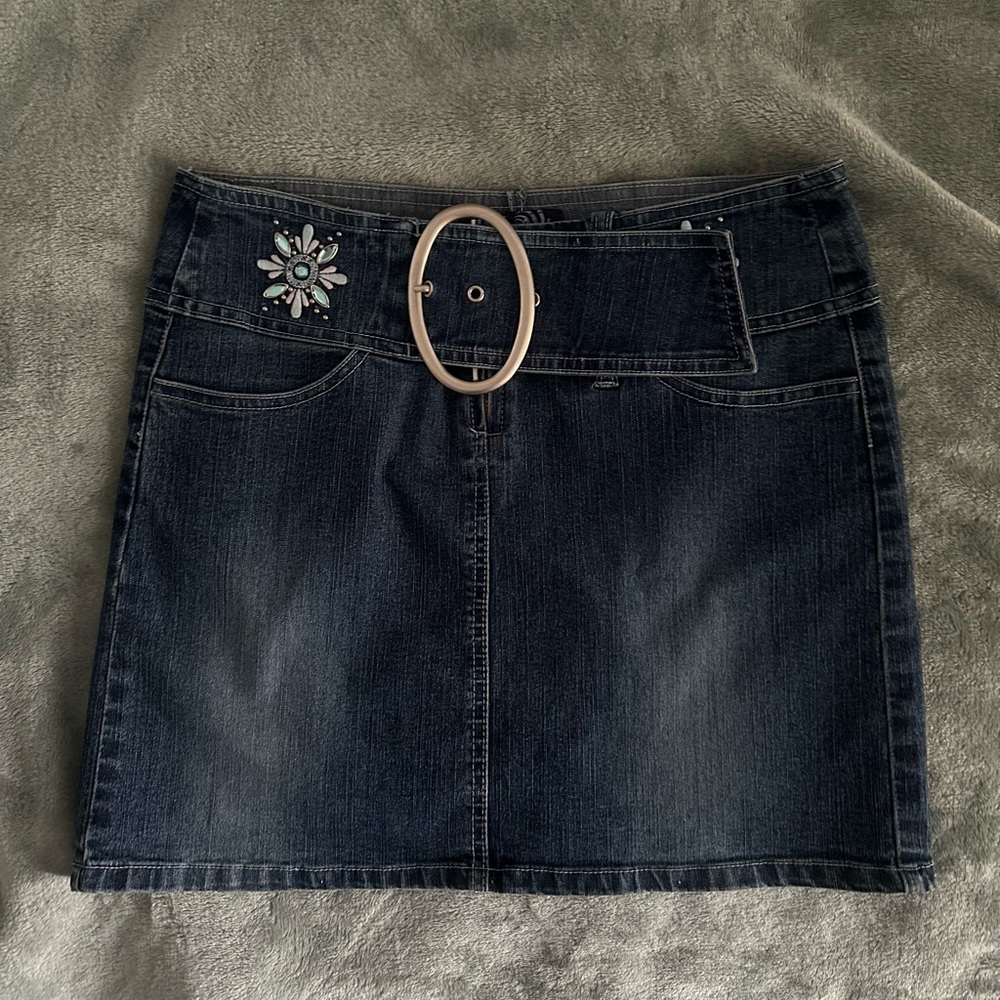 Angels Dark Blue Denim Mini Skirt with Floral jems